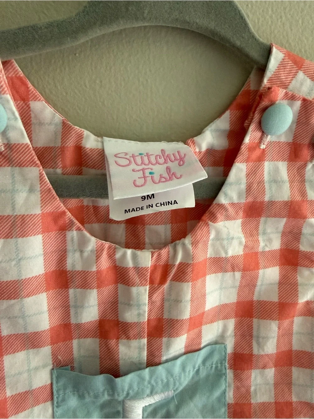 Stitchy Fish Baby Boy Peach Blue White Plaid Cotton Jon Jon Size 9M “F” Monogram